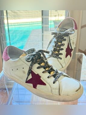 GOLDEN GOOSE SUPERSTAR | White/Burgundy Leather Star Leopard Laces | Size EU 39
